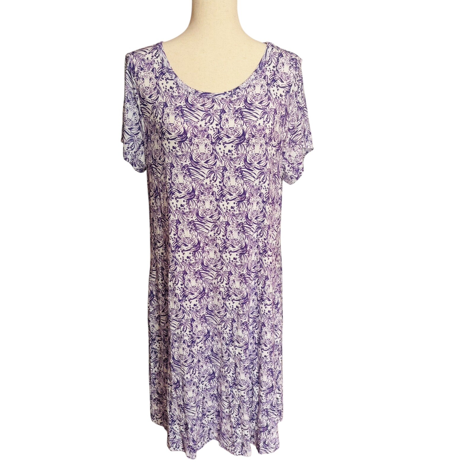 Stewart Simmons XL/XXL Purple and White Tiger Cap Sleeve Knit Dress Pockets NEW