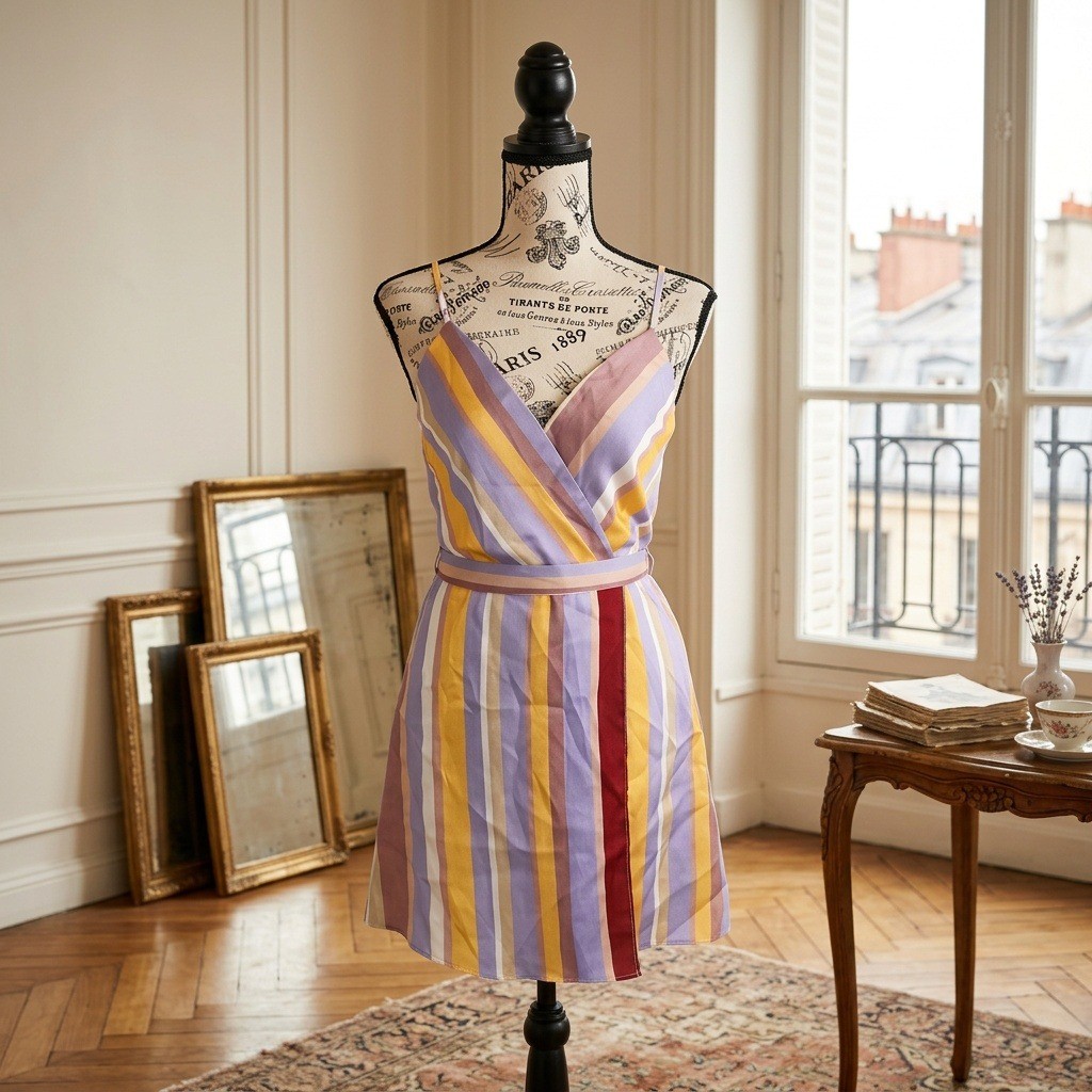 NWT J.O.A. Cassie Lavender Multi Stripe Satin Faux Wrap Surplice Mini Dress S