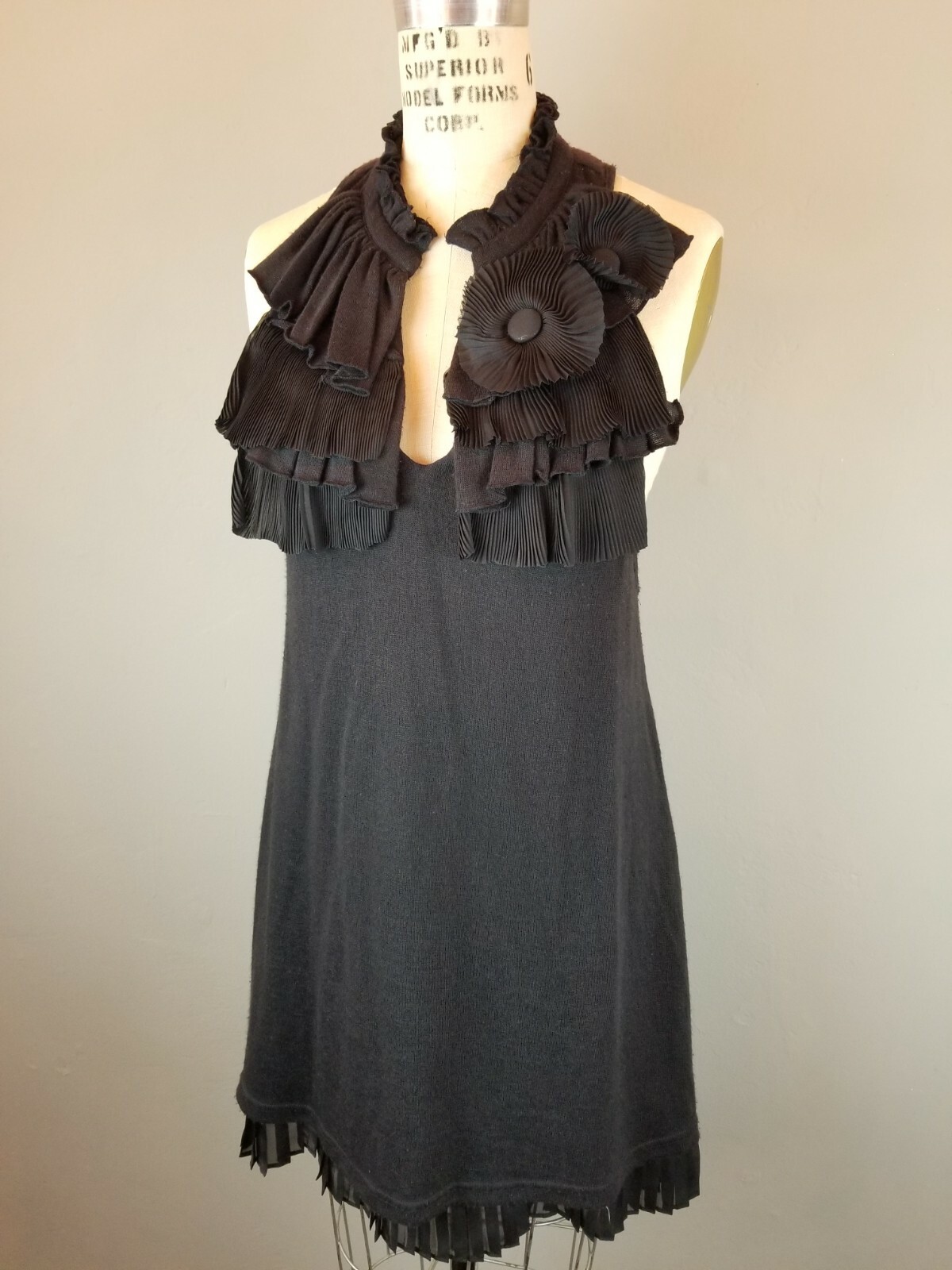 RYU Womens Size Small Pleated Ruffled Black Dress with Floral Embellishments
