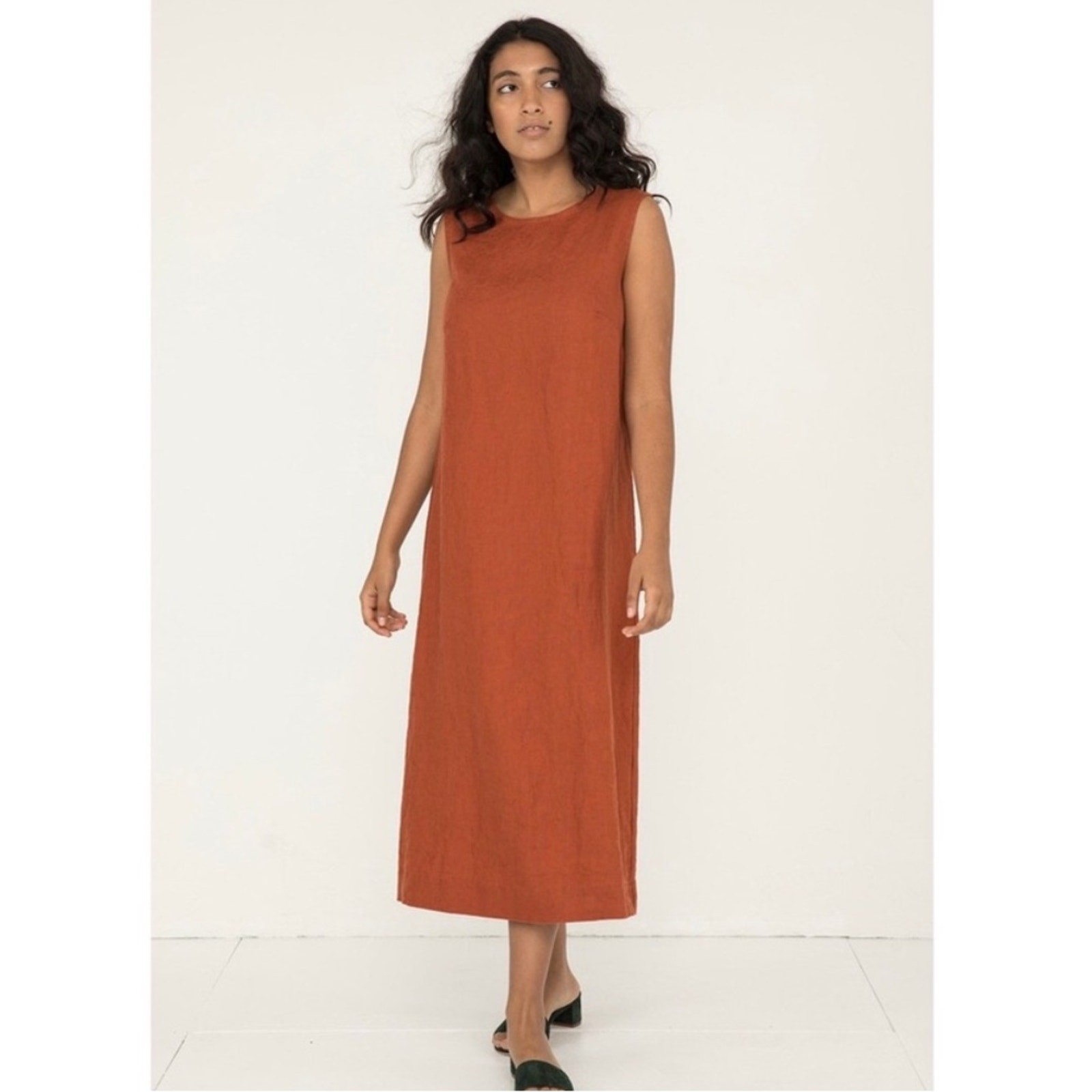 Elizabeth Suzann Dress Petra Linen Gauze Midi Sleeveless in Terra Amber