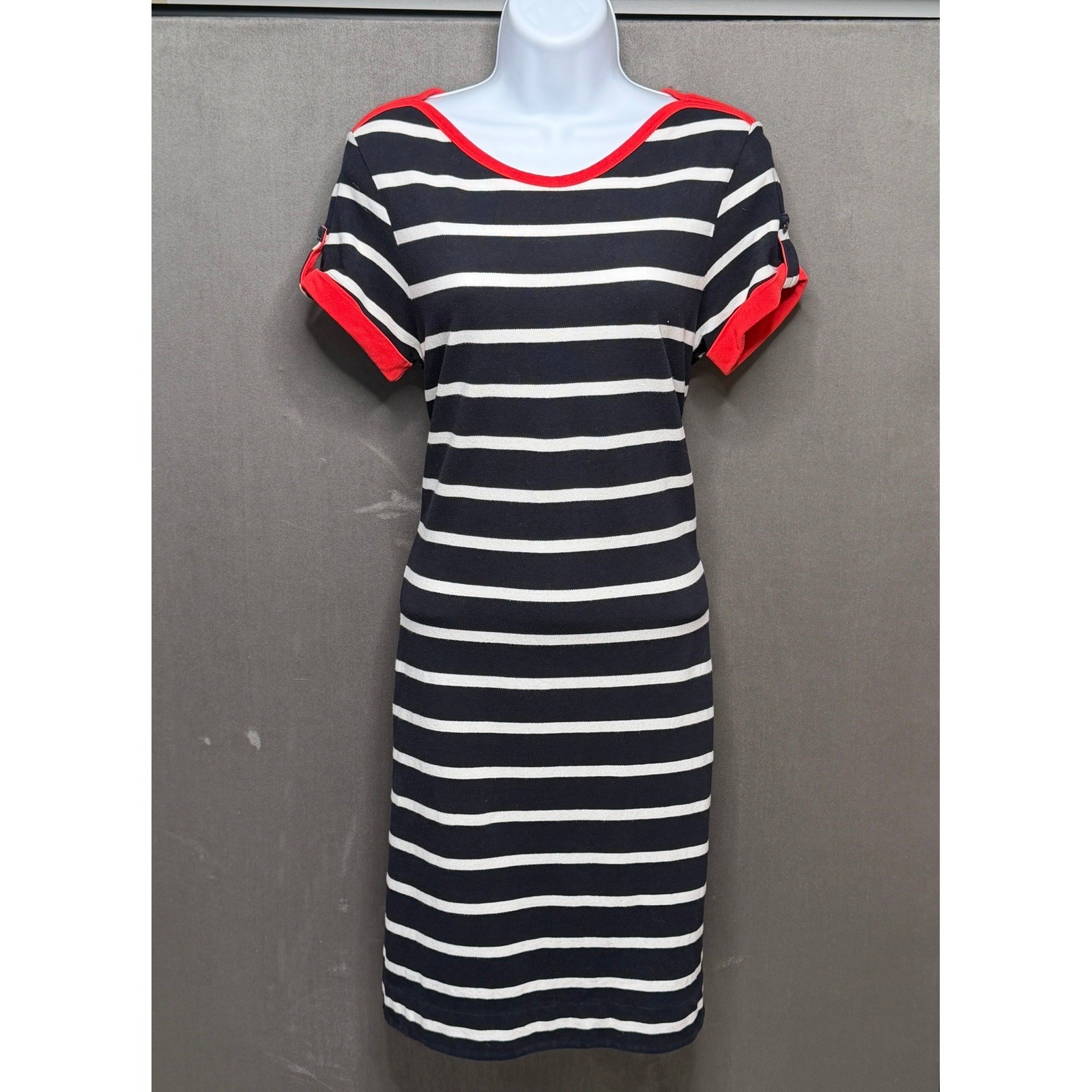 Lands’ End T-Shirt Dress Womens S 6-8 Navy Blue Striped Red Trim Short Sleeve