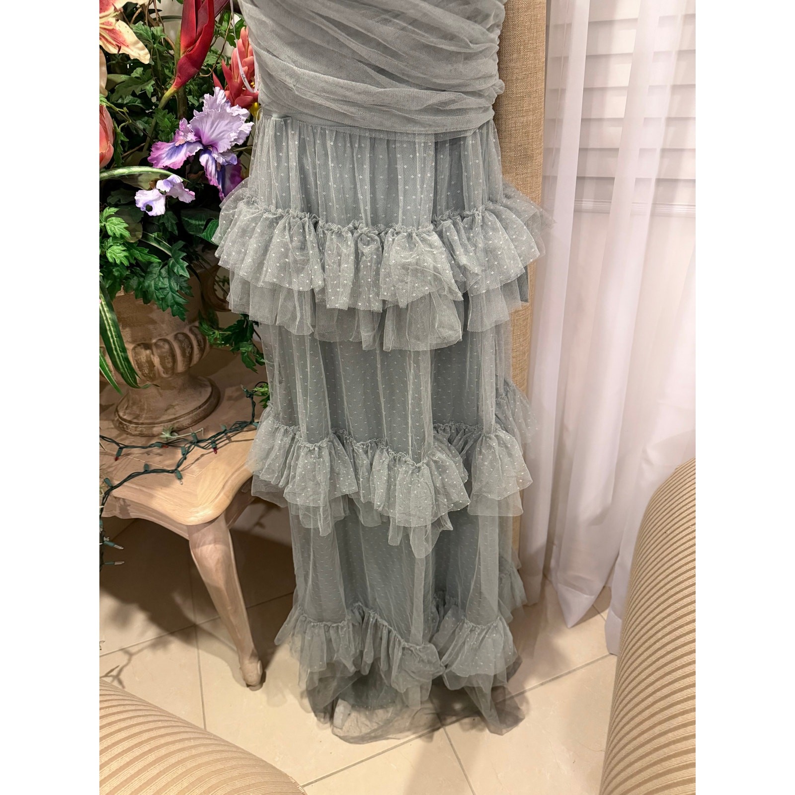 NWT Lulus Pure Radiance Sage Brush Mesh Swiss Dot Tiered Maxi Dress L