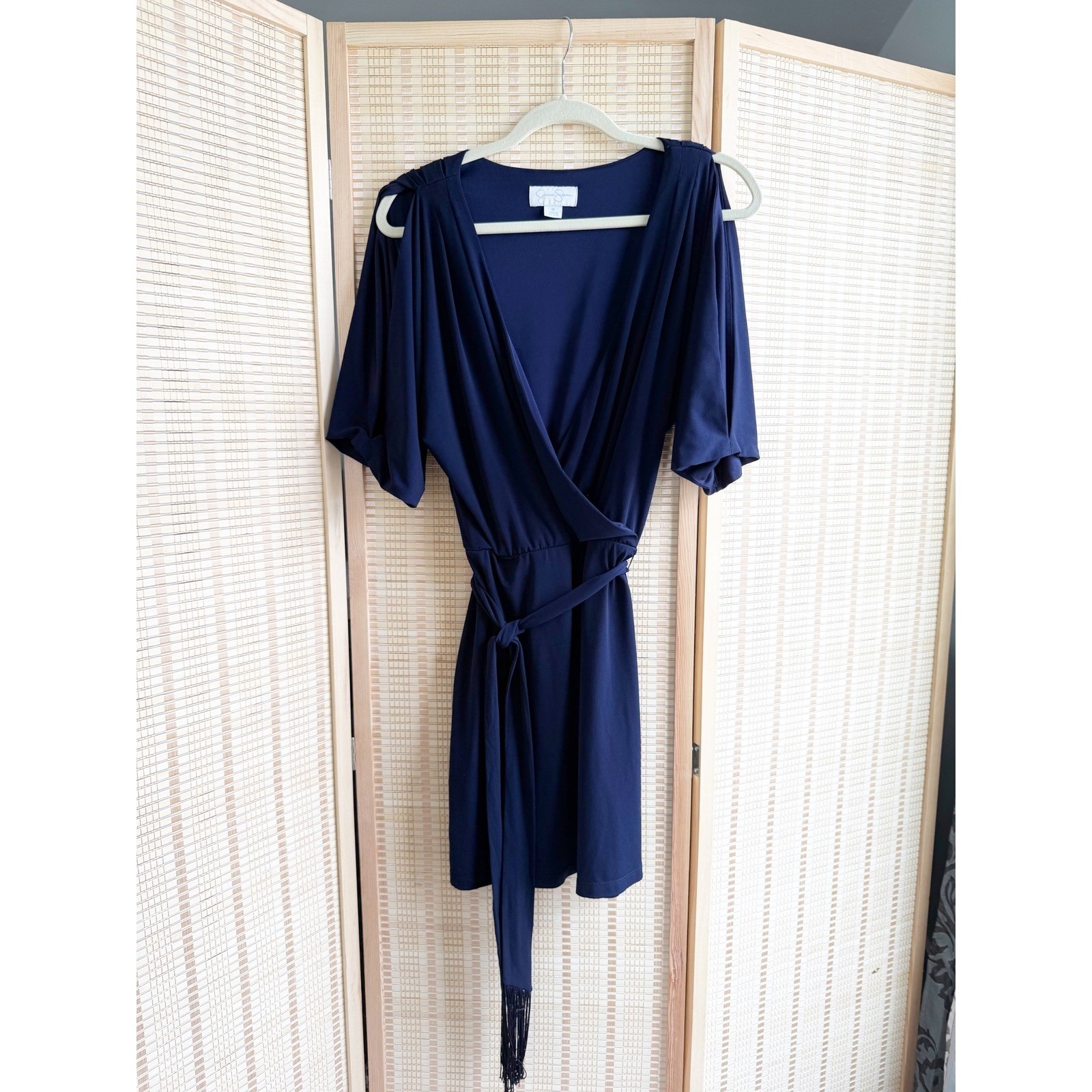 Jessica Simpson Navy Blue Faux Wrap Mini Dress Cold Shoulder Tassel Belt Size M