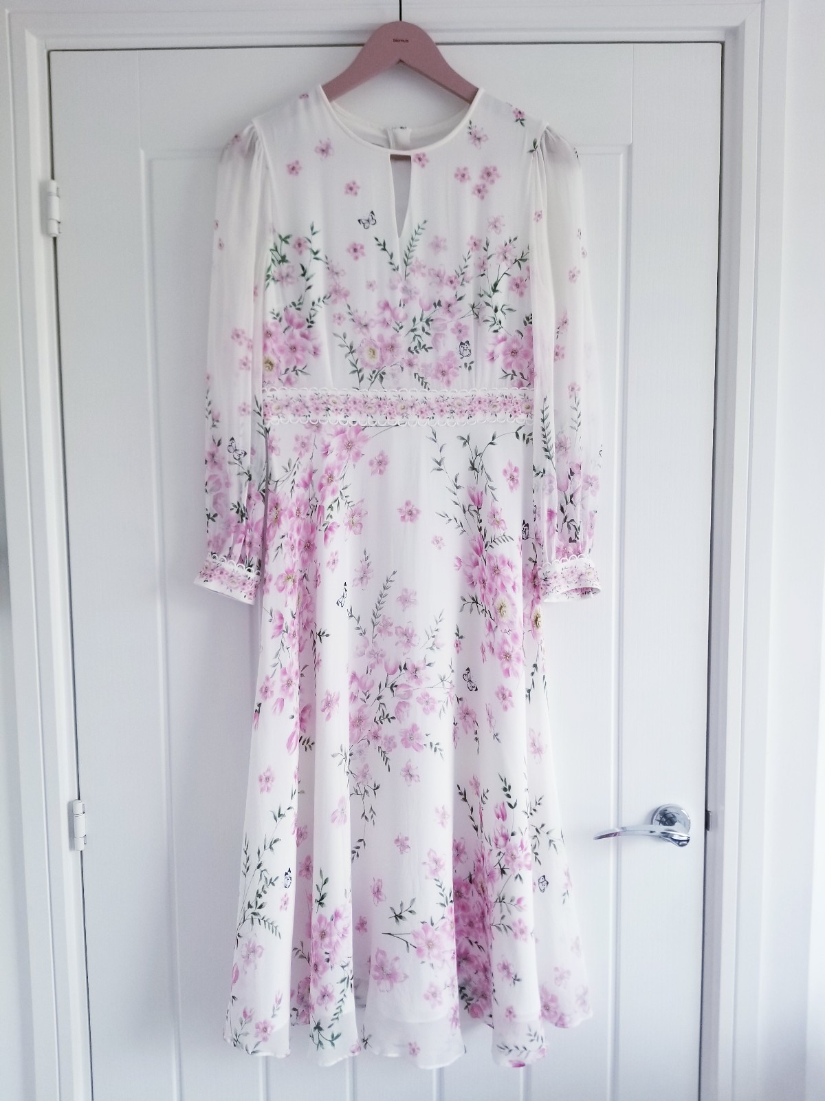Hobbs Skye Floral Print Pure Silk Midi Dress Ivory Pink Size UK 10 Petite (8-10)