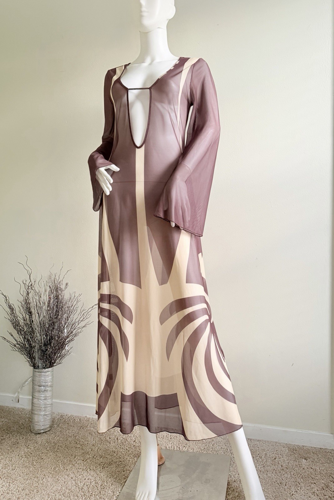 Caroline Constas XS Mesh Maxi Dress Brown Beige Abstract V-Neck Sheer Bell