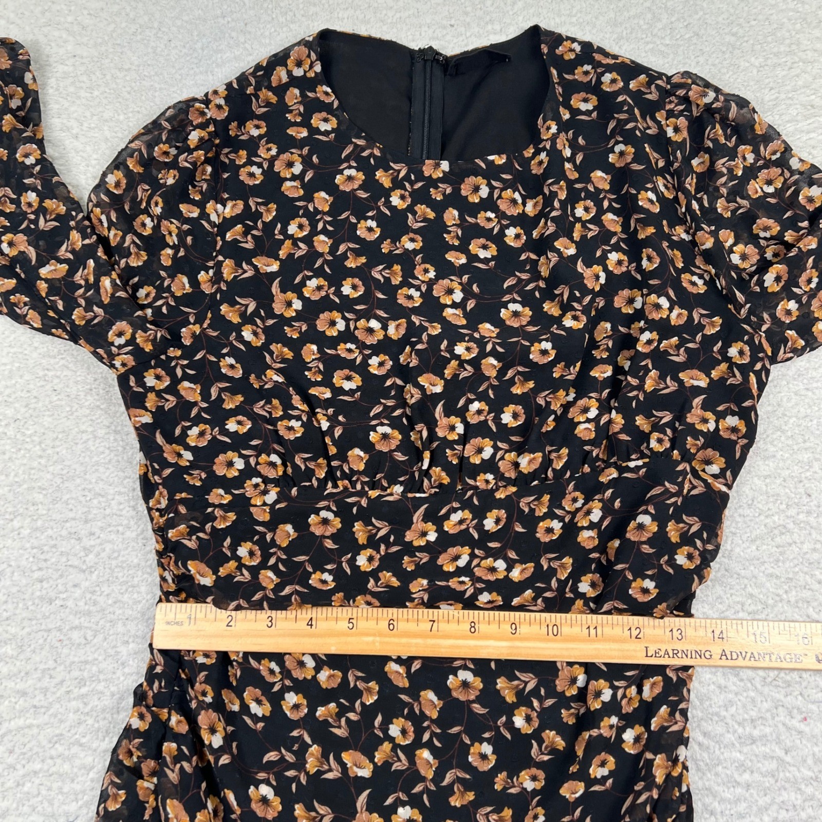 Storia Floral Print Long Sleeve Mini Dress Large Black Brown Ruched Ruffle