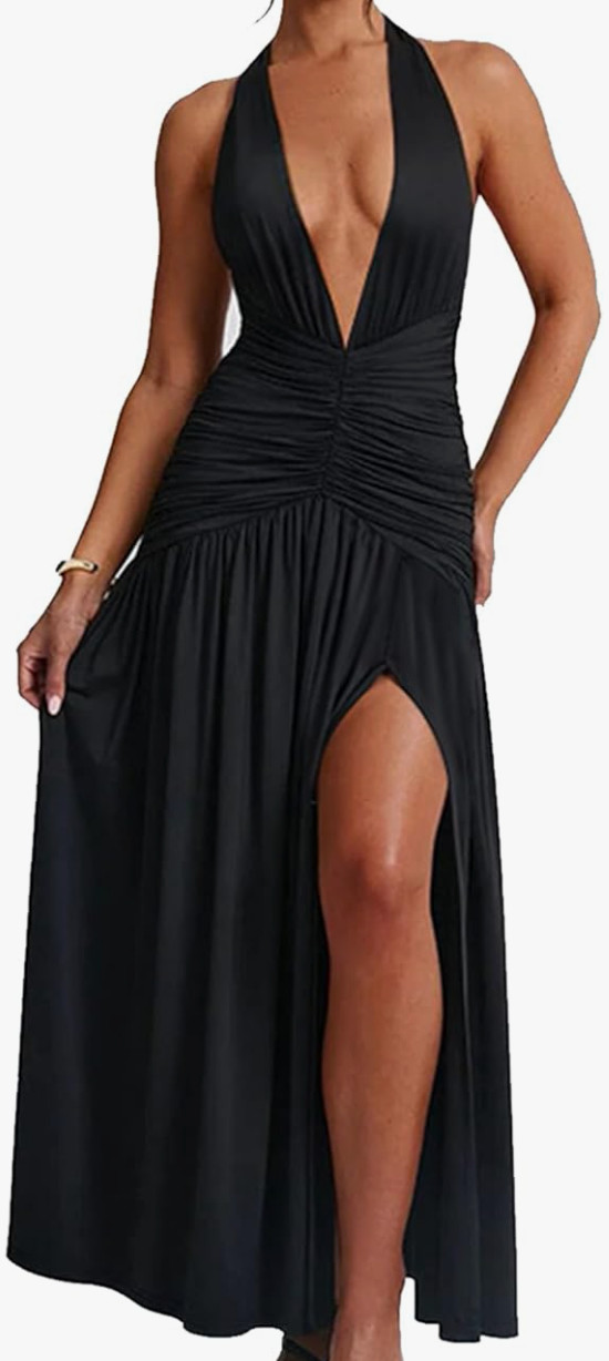 Sexy Halter Deep V Neck Maxi Dress Sleeveless Backless High Slit – M Black