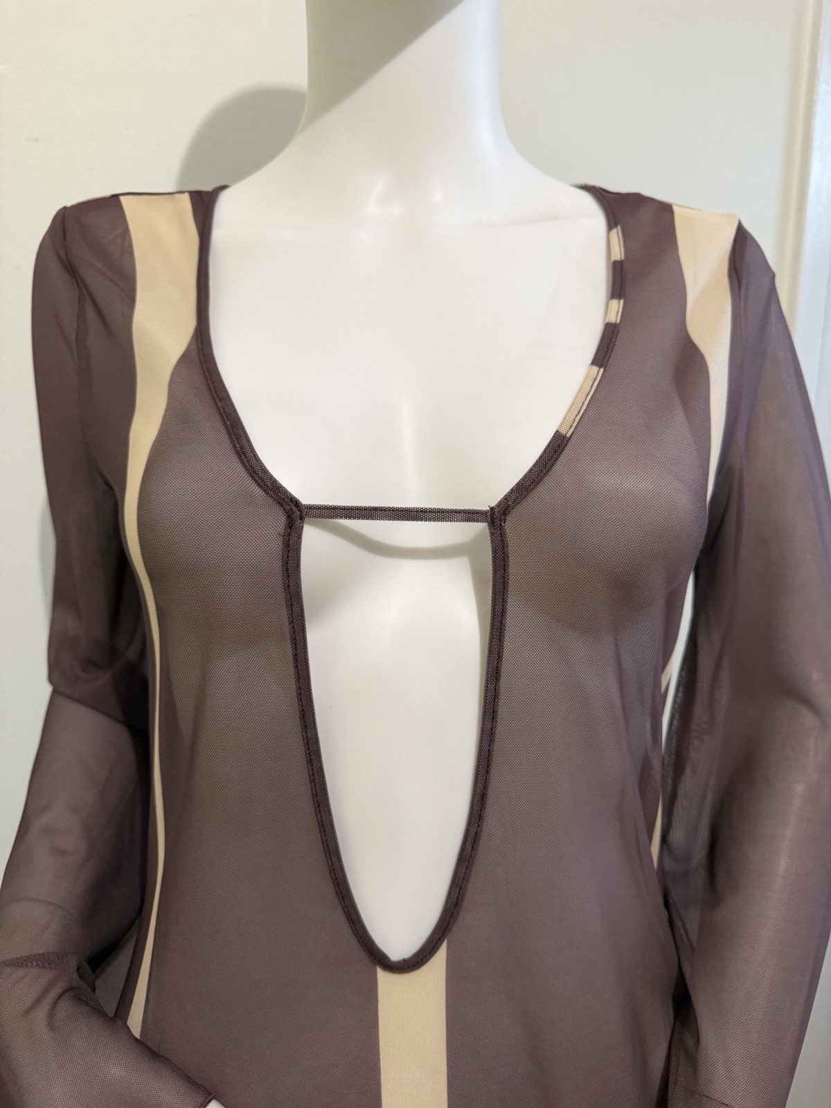 Caroline Constas XS Mesh Maxi Dress Brown Beige Abstract V-Neck Sheer Bell
