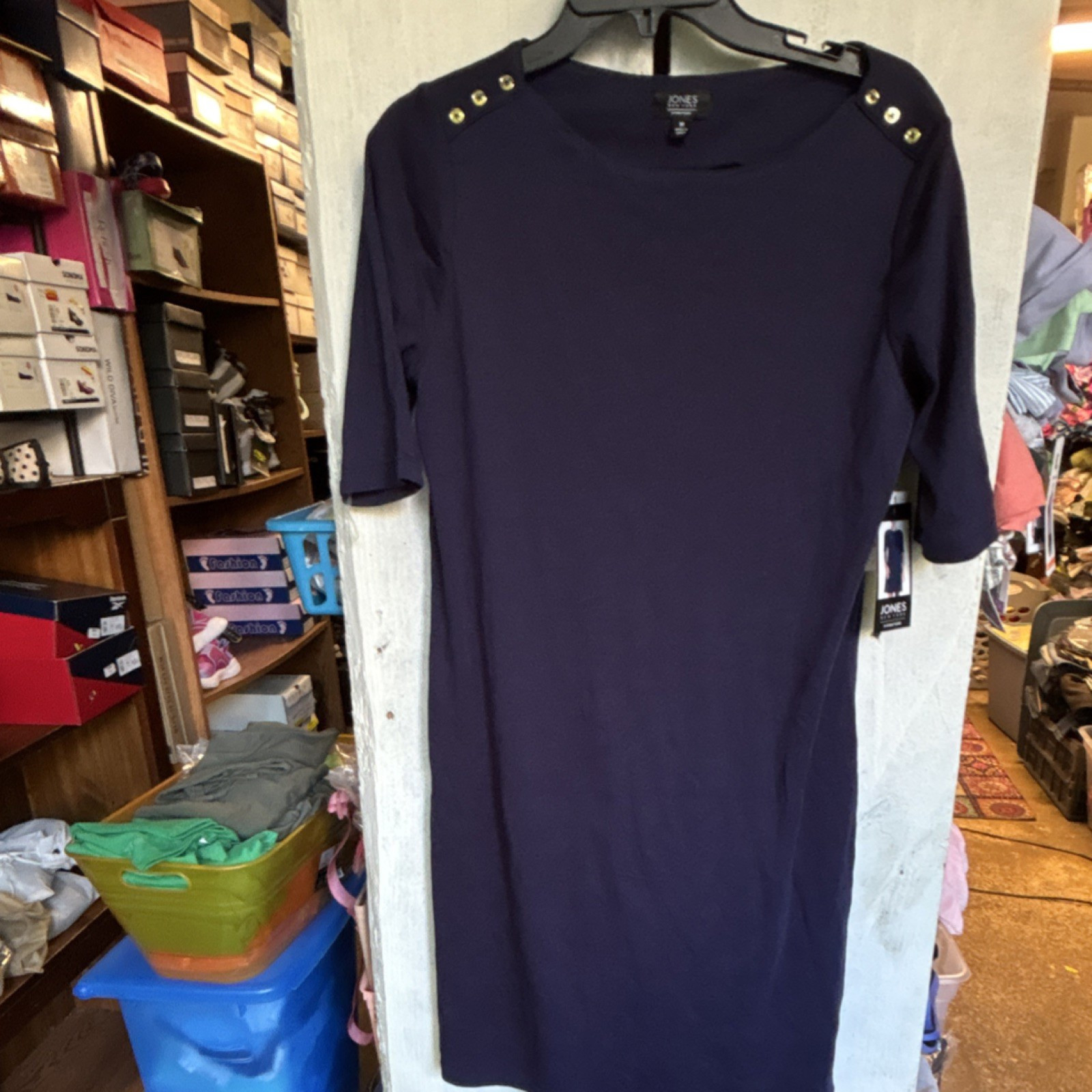 Jones New York Signature Navy Knit Shift Dress Boat Neck Elbow Sleeve M