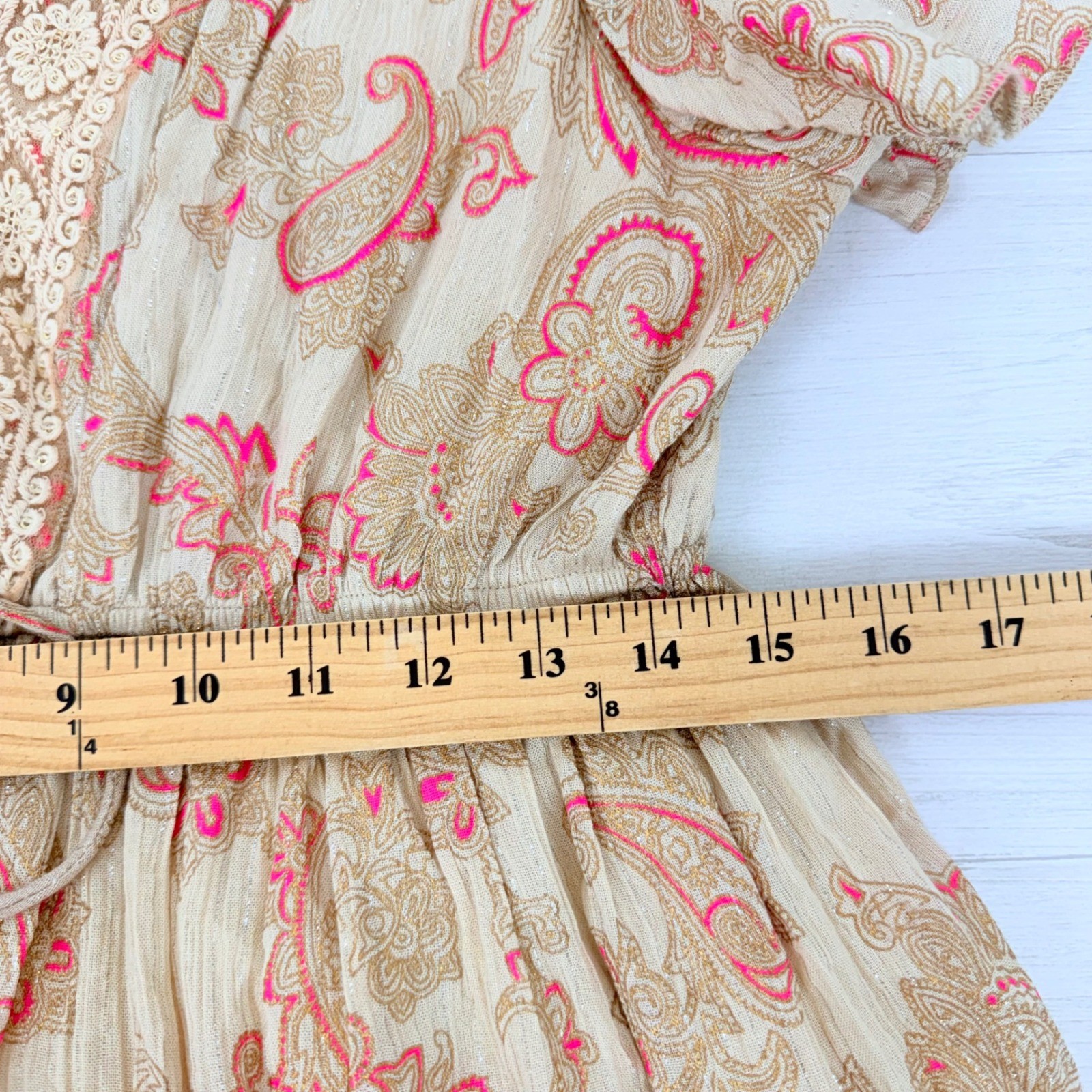 Ananta Paisley Boho Mini Dress Size L Tan Pink Crochet Lace Tiered Ruffle Tie