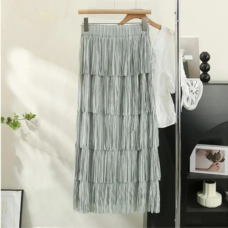 Multifunctional Slimming Tassel Cake Skirt Medium and Long Dress Elastic Waist D