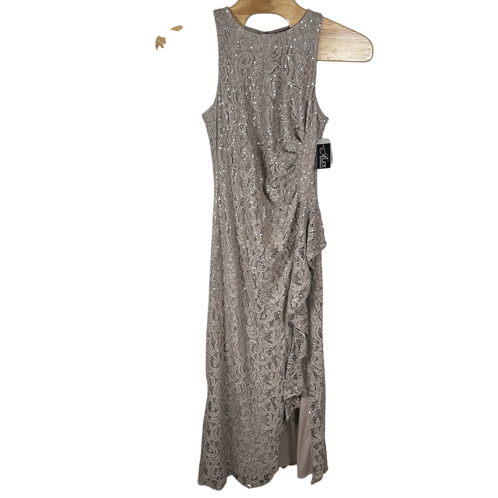 NEW ALEX EVENINGS SEQUIN LACE Cascading Ruffle RUCHED EVENING GOWN 14 Buff Taupe