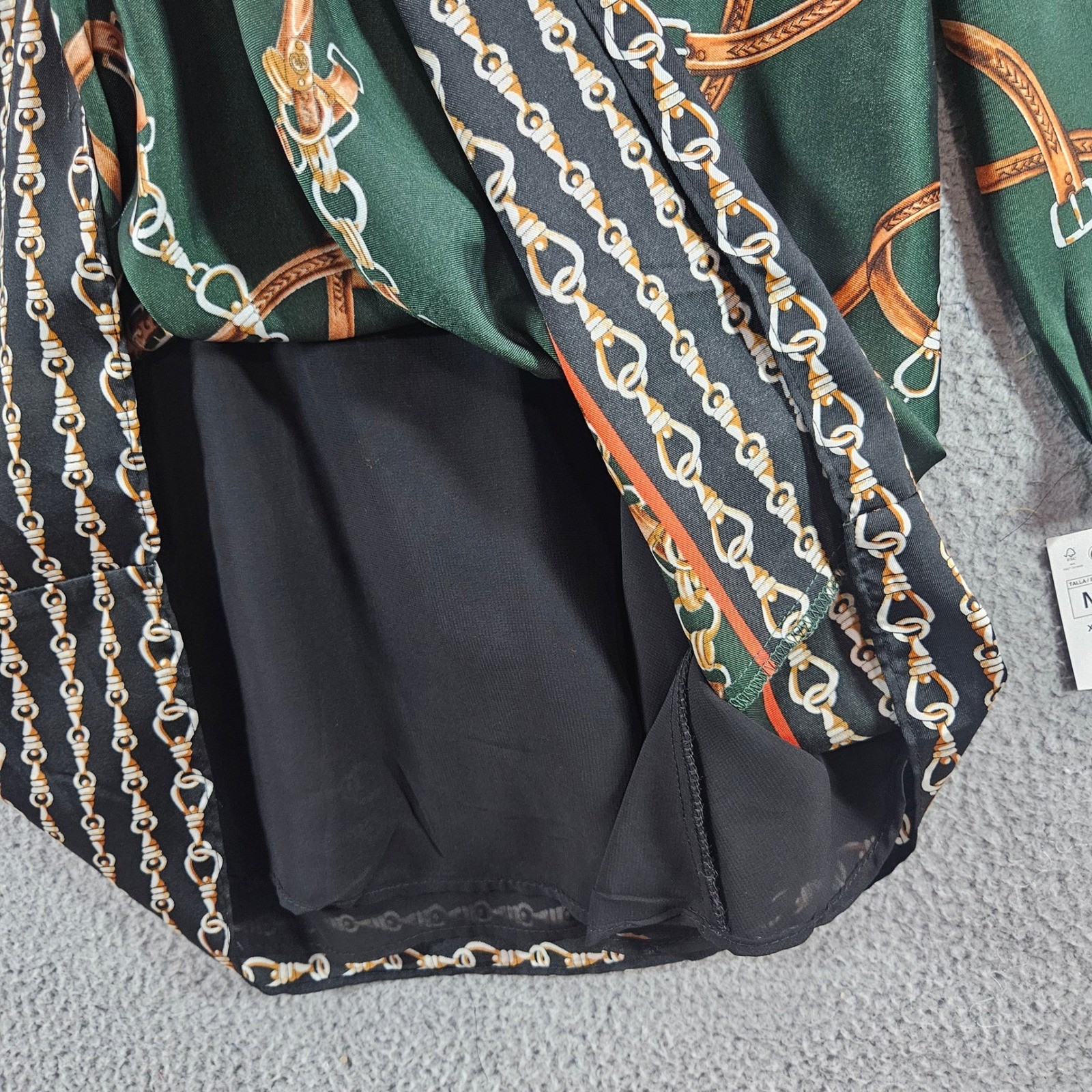 Zara Basic Green Equestrian Chain Belt Print Pleated Mini Dress Womens Sz M NEW