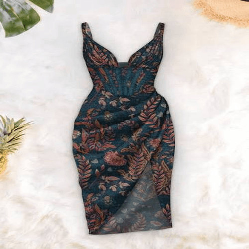 AVERIE Halley Draped Floral Midi Dress Ruched High Leg Slit Corset Style