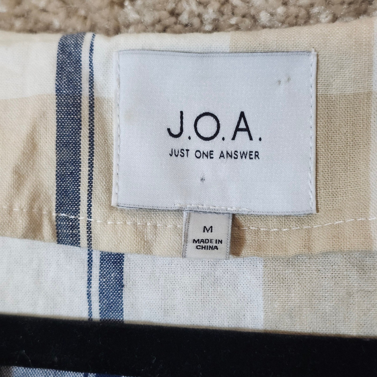 JOA Wrap Dress Tan Navy Blue Plaid Ruffle Hem Preppy Size M