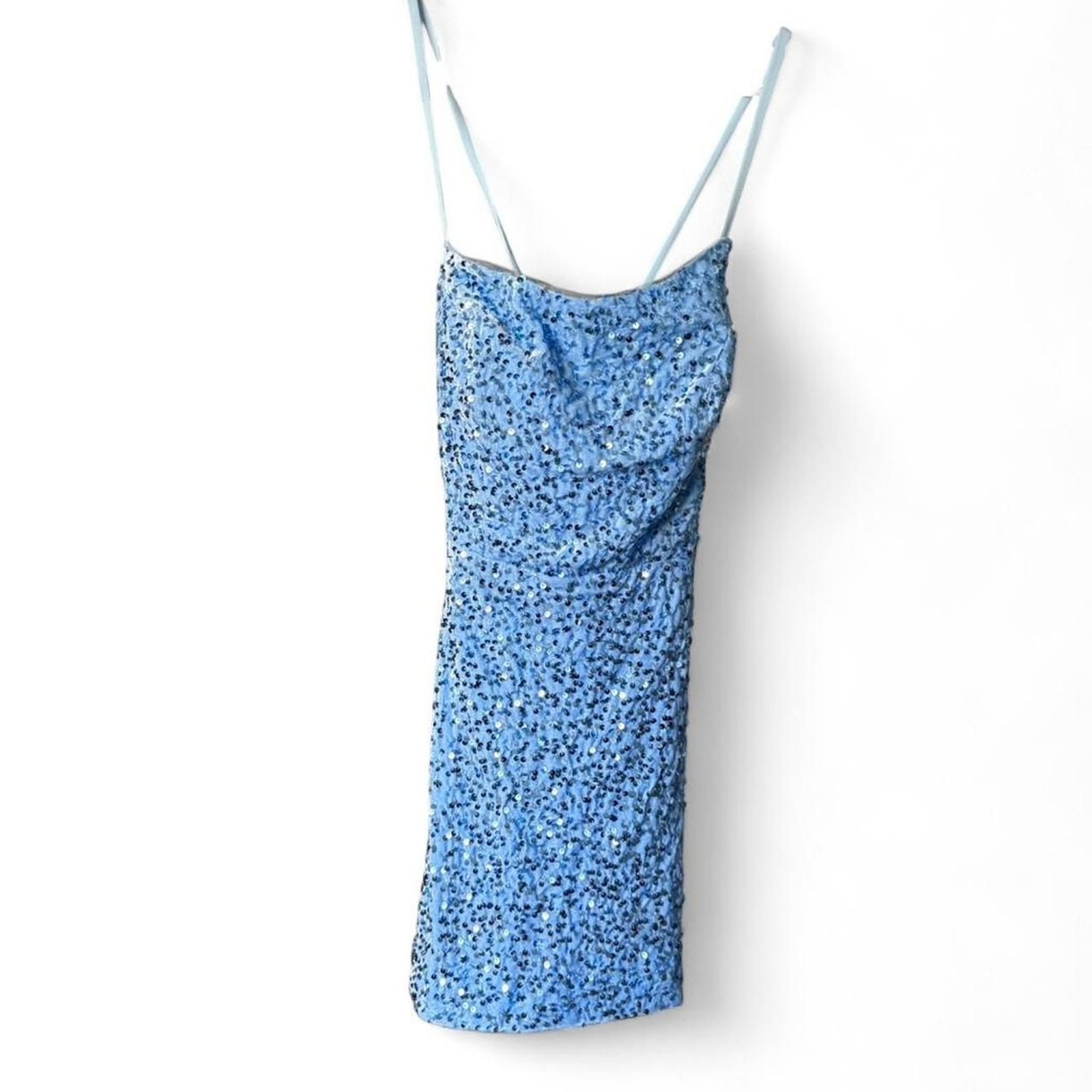 Blue sequin midi dress with adjustable straps and tie back. NWT Size 6