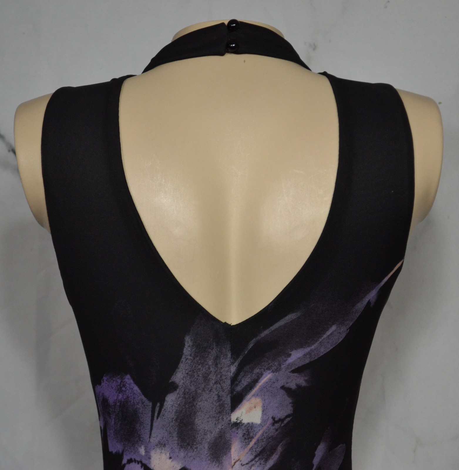 VENUS Black Multicolor Floral Sleeveless Dress XS High Neckline Sheer V Open Bck