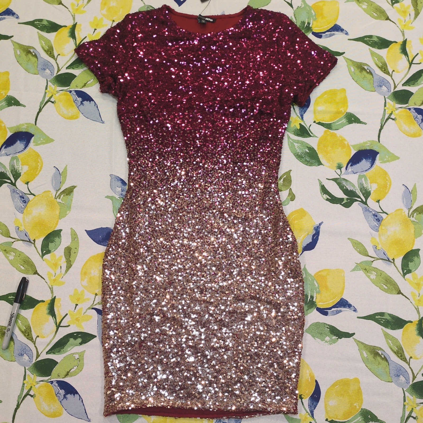 NWT Fashion Nova Sequin Burgundy Pink Gold Ombré Mini Party Cocktail Dress Sz. S