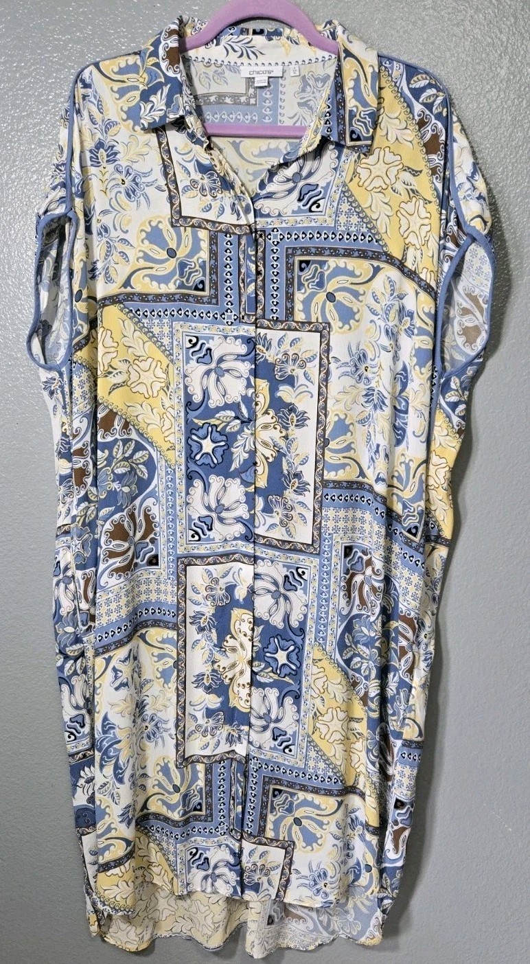 Chicos Floral Patchwork Knee Length Shirt Dress Blue White &Yellow Boho Chic