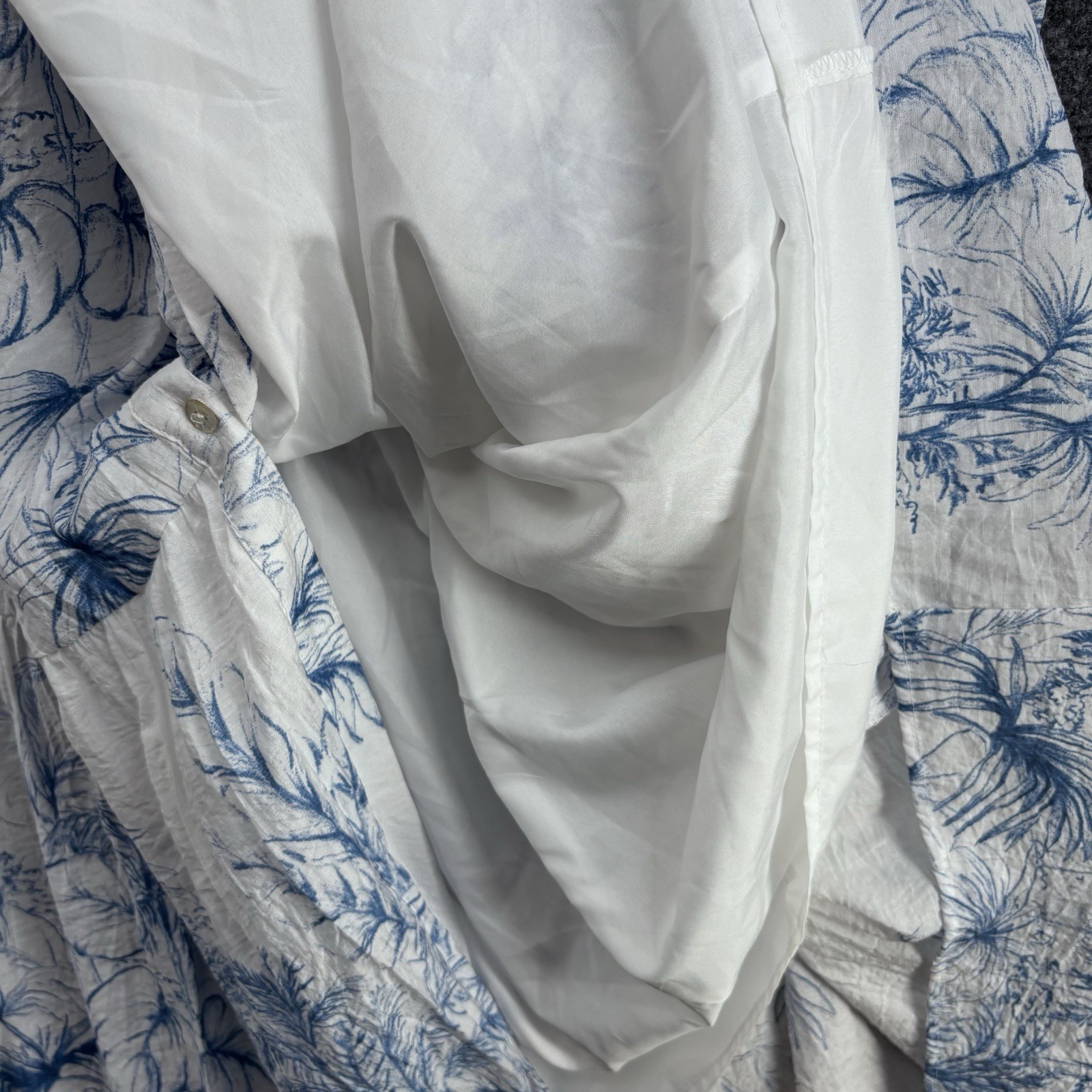 1 State White Blue Tropical Coastal Cottagecore Toile Tiered Maxi Dress Size M
