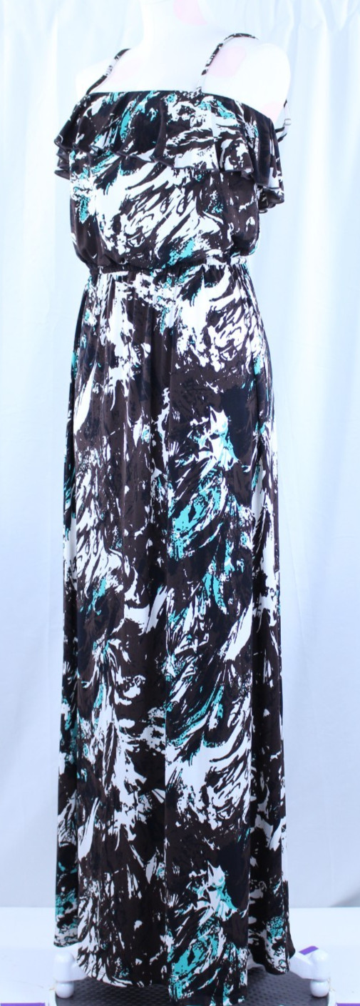 ABS Allen B Schwartz Ruffle Maxi Long Brown White Teal Adjustable Straps M