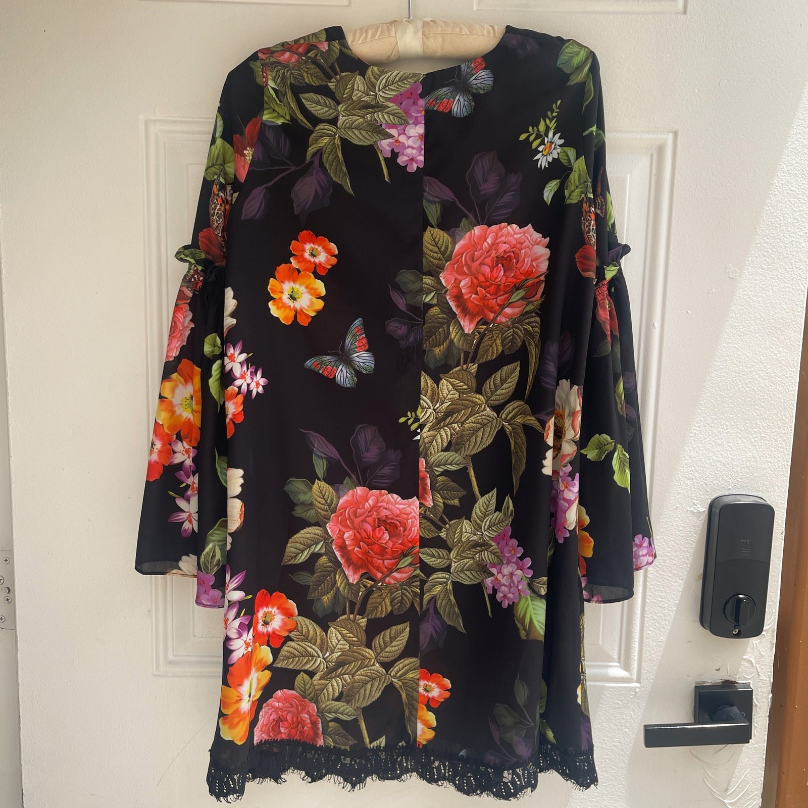 Alexia Admor Floral Butterfly Mini Dress Bell Sleeve Lace Hem Black Size S