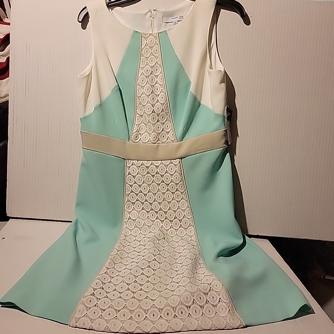 Size 10 Dress Teal, Gray White Sleeveless A Line Lace Accent Studio One New York