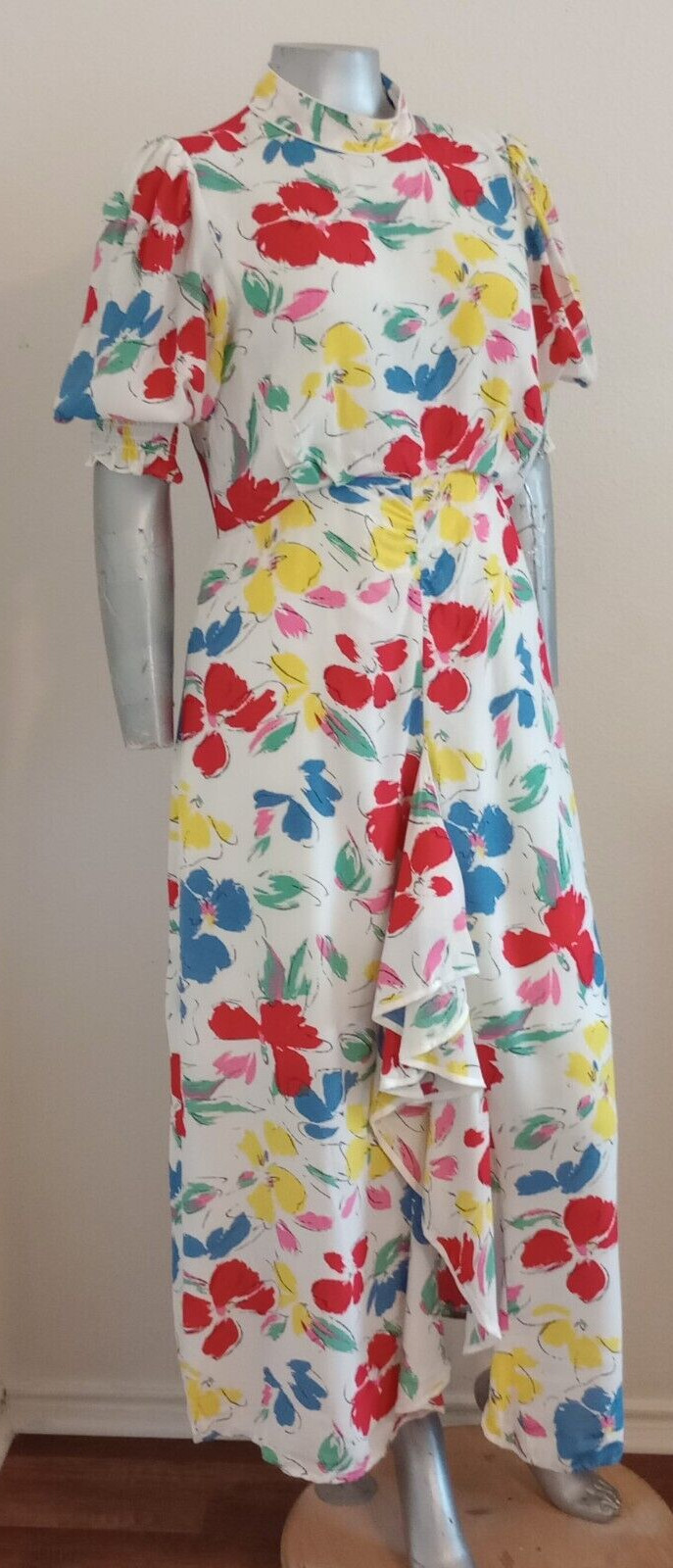 NWT WOMAN RIXO MAXI CASCADE RUFFLE DRESS Size 14 Mock Neck Puff Short Sleeve
