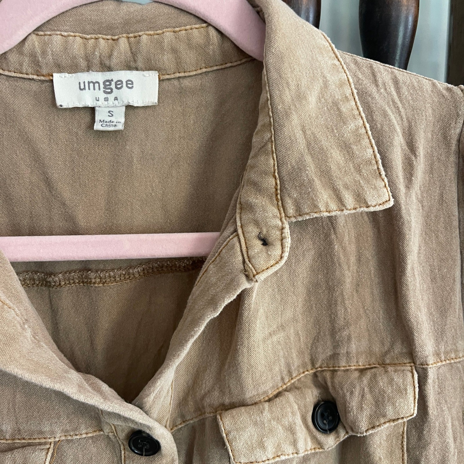 Umgee Tan Mineral Wash Western Boho Tiered Button Down Dress Raw Hem Small