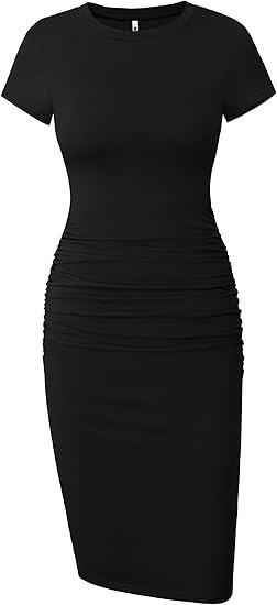 Women’s Short Sleeve Ruched Casual Sundress Midi Bodycon T Shirt Dress