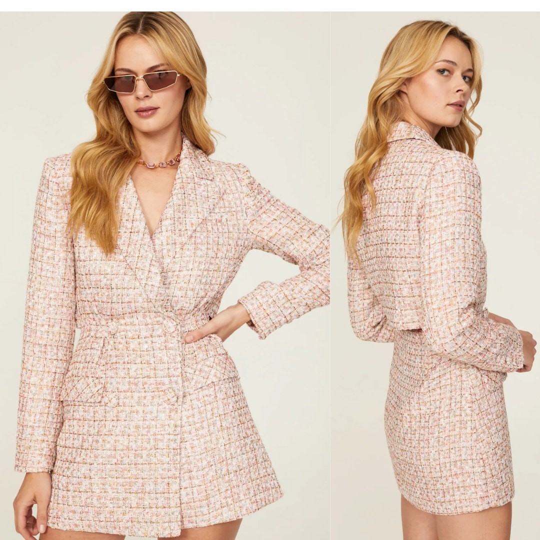 Self-Portrait Tweed Boucle Mini Dress Pink Gold Sequin Long Sleeve Suit Blazer 8