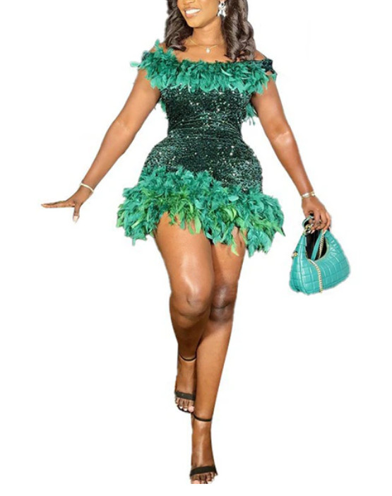 Feather Mini Shiny Dress