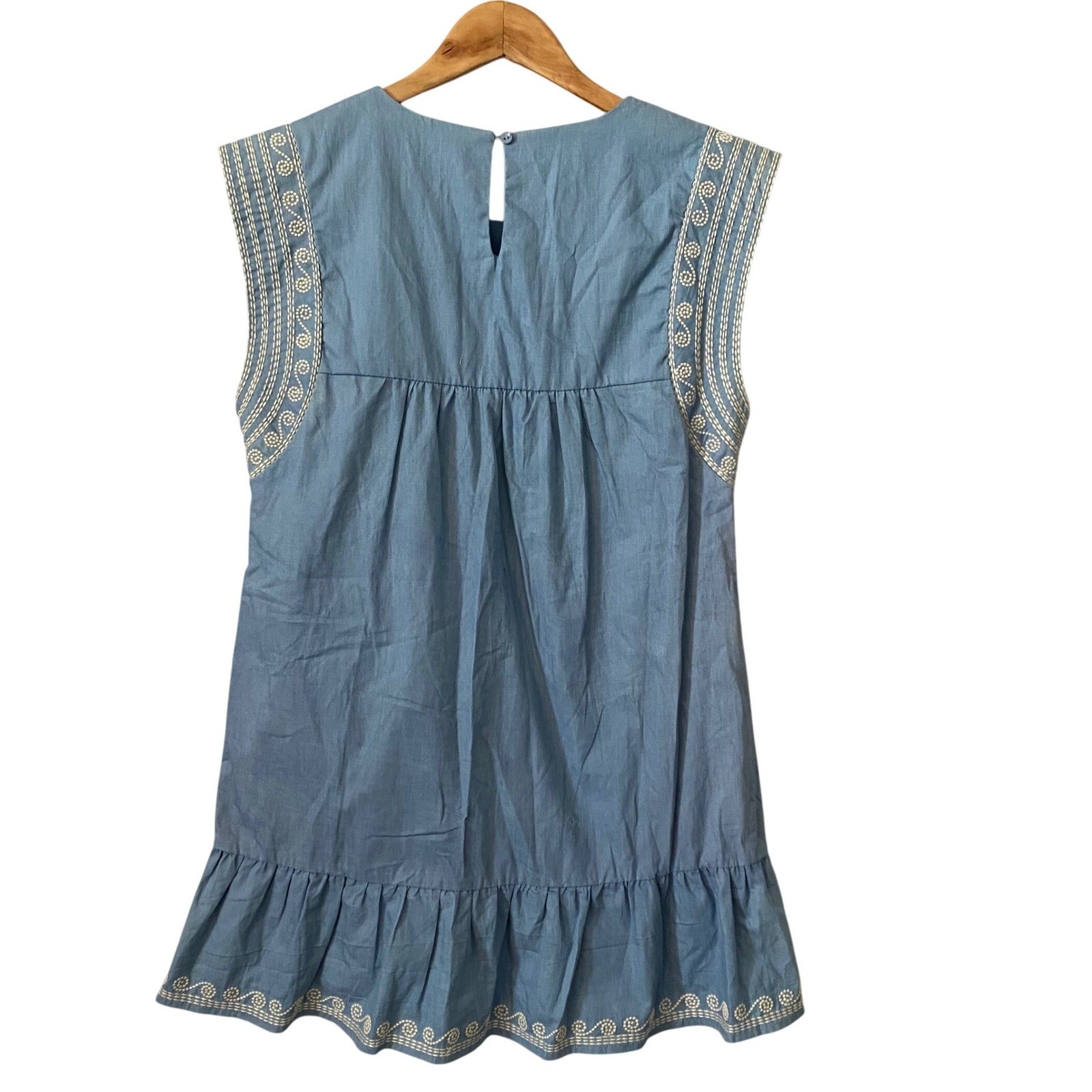 Joy Joy Blue Chambray Embroidered Elephant Boho Ruffle Hem Mini Dress XS