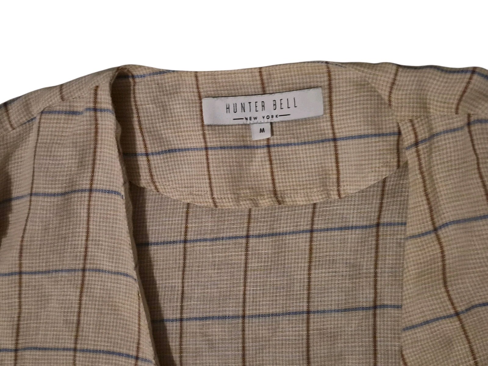 Hunter Bell Mini Plaid Dress M Linen Blend Wrap Puff Sleeve Neutral Preppy