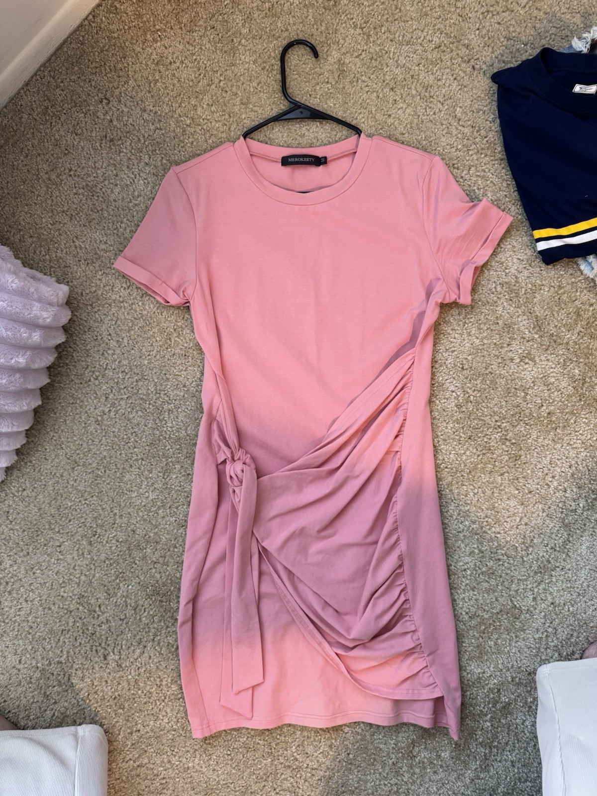 MEROKEETY Pink Solid Ruched Tie-Side Short Sleeve Bodycon T-Shirt Dress