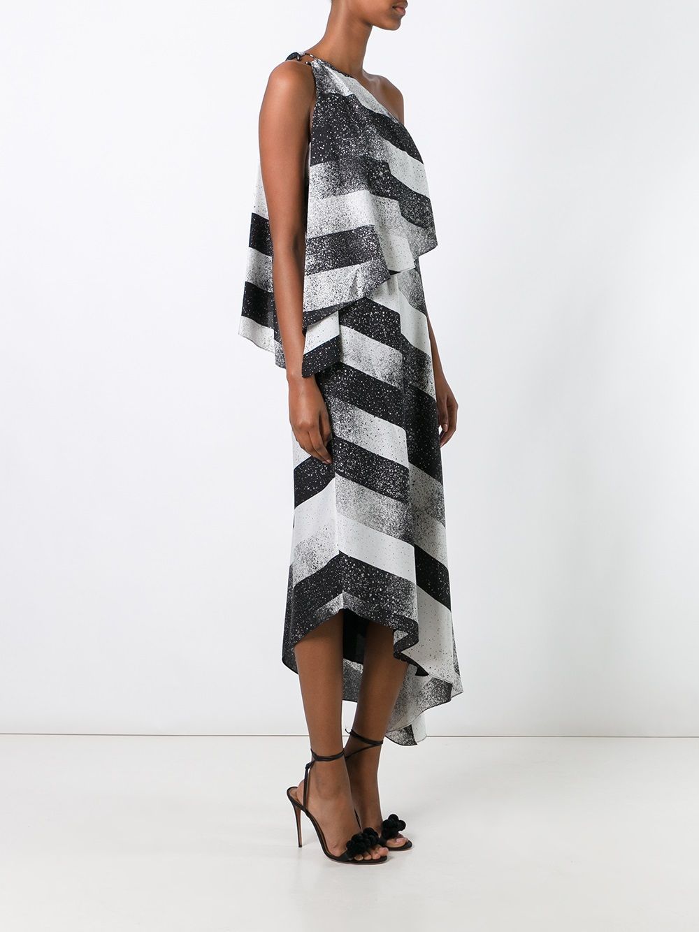 HALSTON HERITAGE Black White Stripe Print One Off Shoulder Cocktail Dress 0 = XS