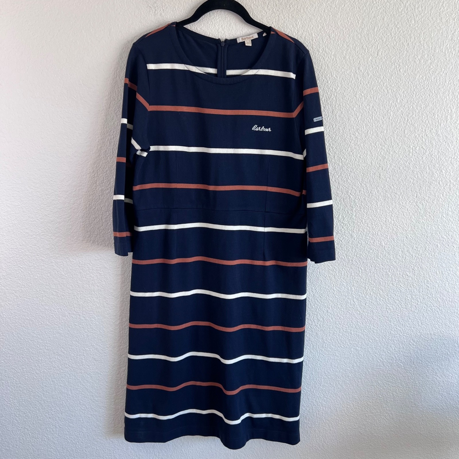 Barbour Women’s Oyster Stripe Cotton Knit Midi Dress Navy Sz10