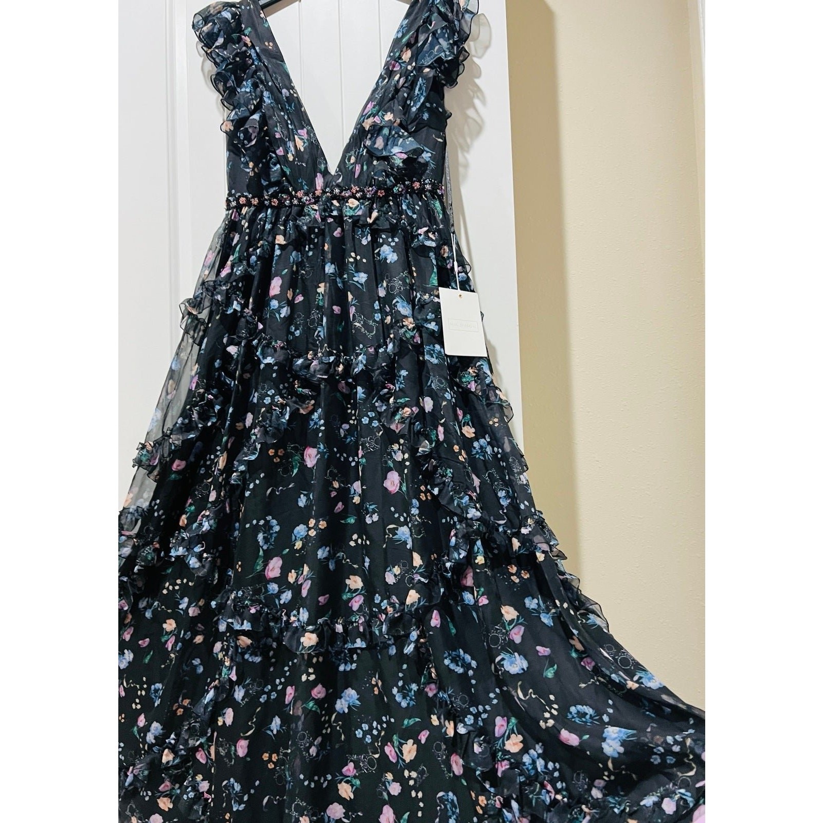 NWT❤️LEENA FOR MAC DUGGAL RUFFLED FLORAL CAP-SLEEVE V-NECK GOWN sz12