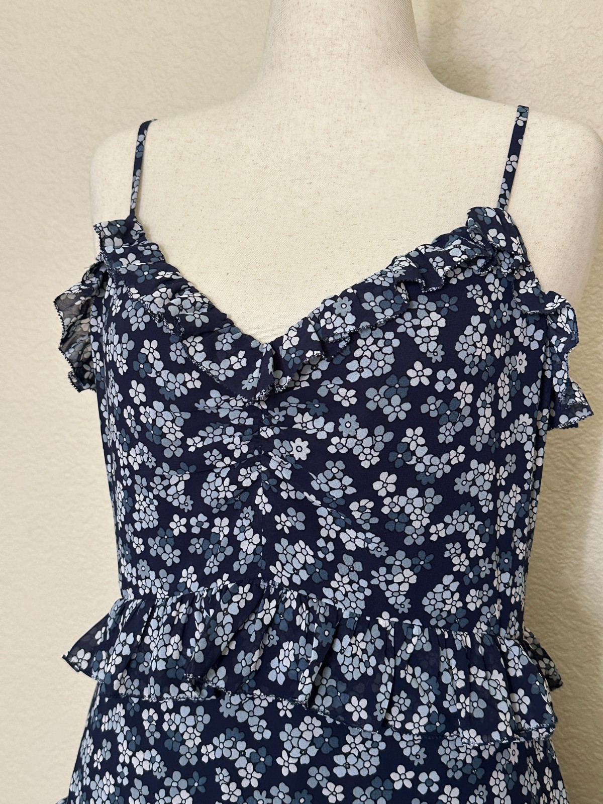 Michael Kors Floral Tiered Midi Dress Size L NWT Navy Blue Ruffle Chiffon Lined
