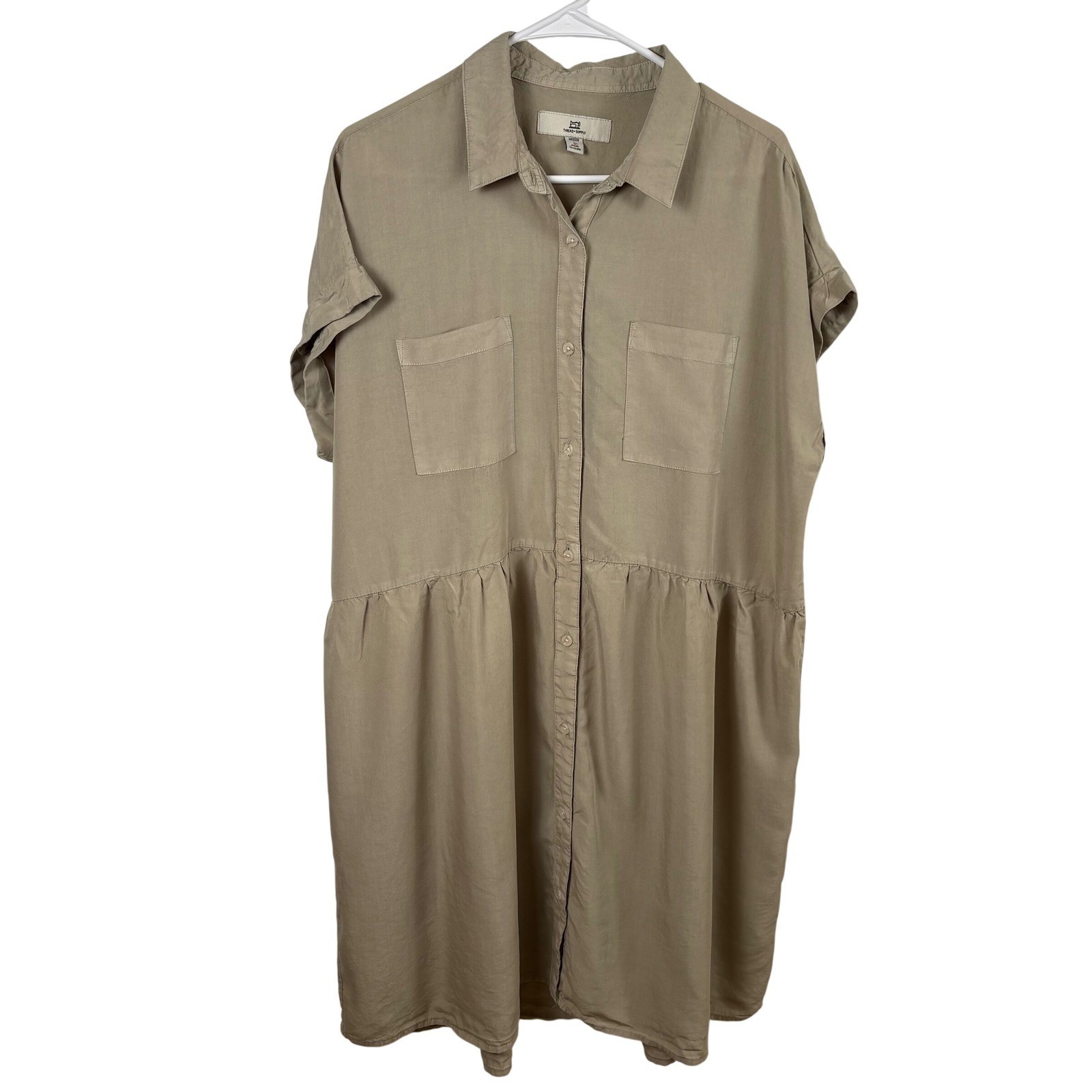 Thread Supply Shirt Dress Size M Khaki Tencel Knee-Length Babydoll Boho Utility