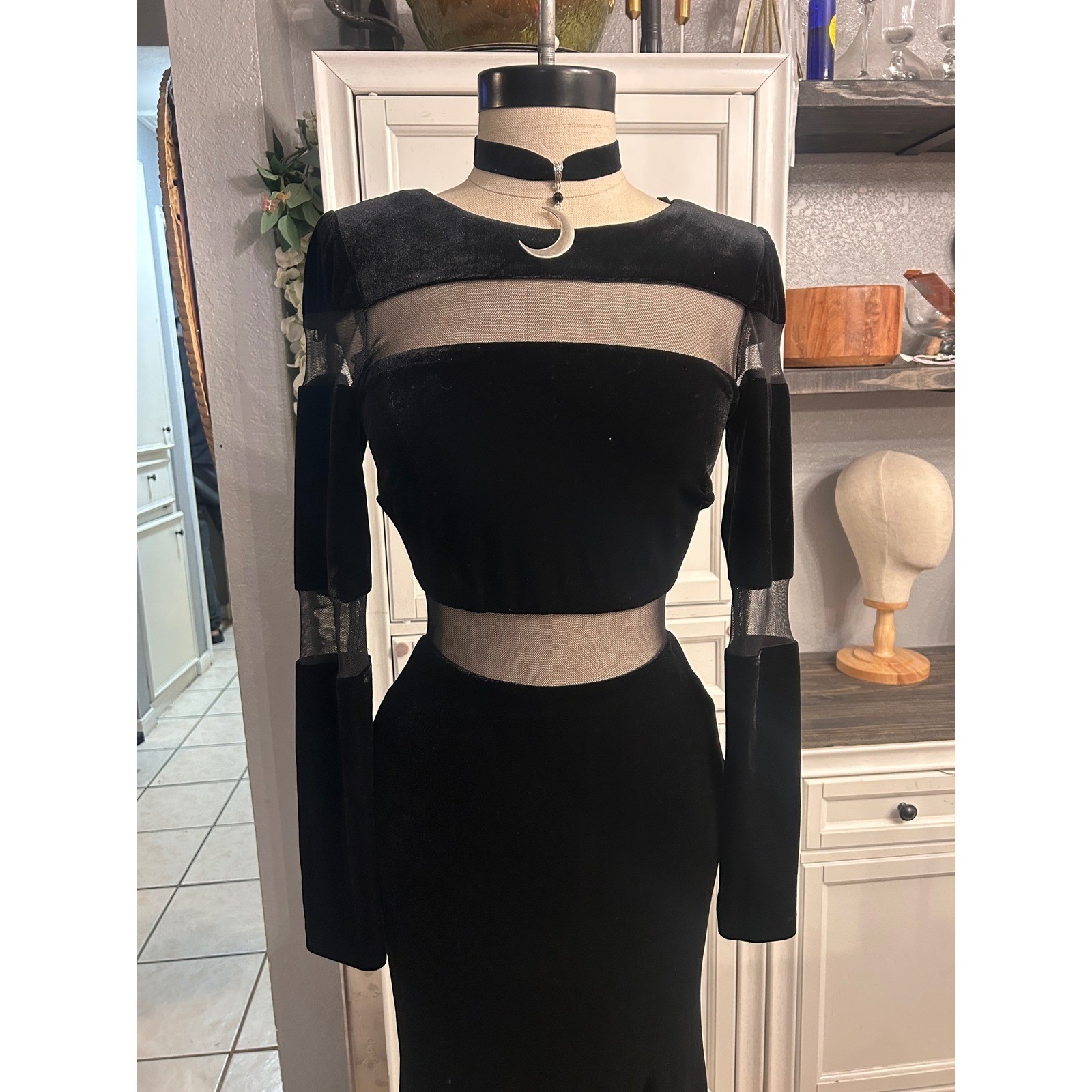 Black Velvet Mesh Maxi Dress Front Slit Goth Gown Size 2 or XSmall Formal