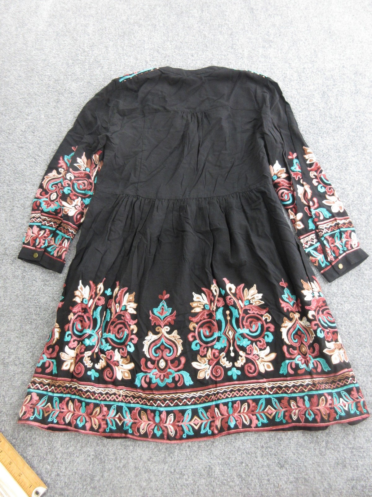 Floret Dress Womens Petite Small Black Embroidered Boho Trapeze Long Sleeve