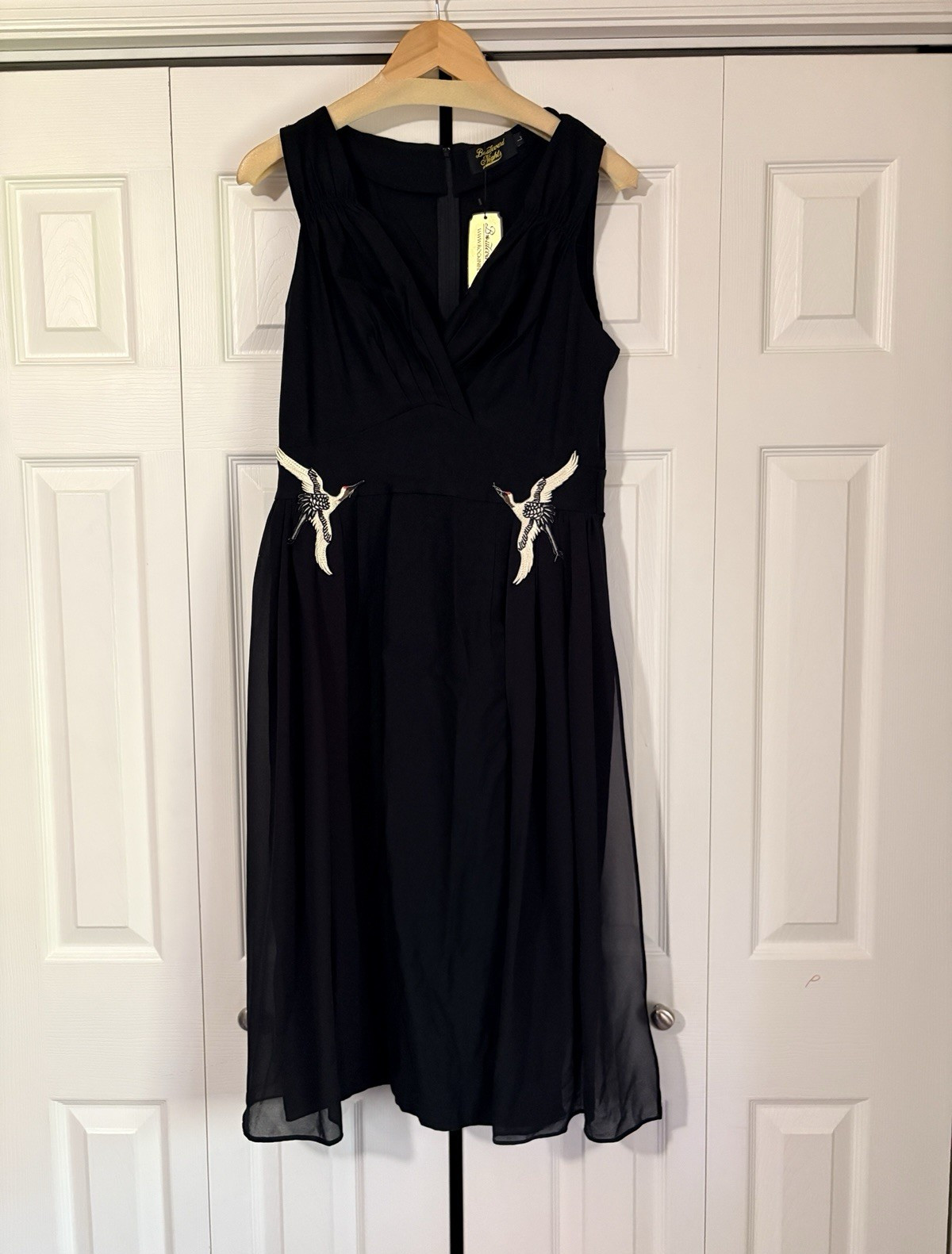Boulevard Nights Black Chiffon V-Neck Sleeveless Bird Embroidered Midi L