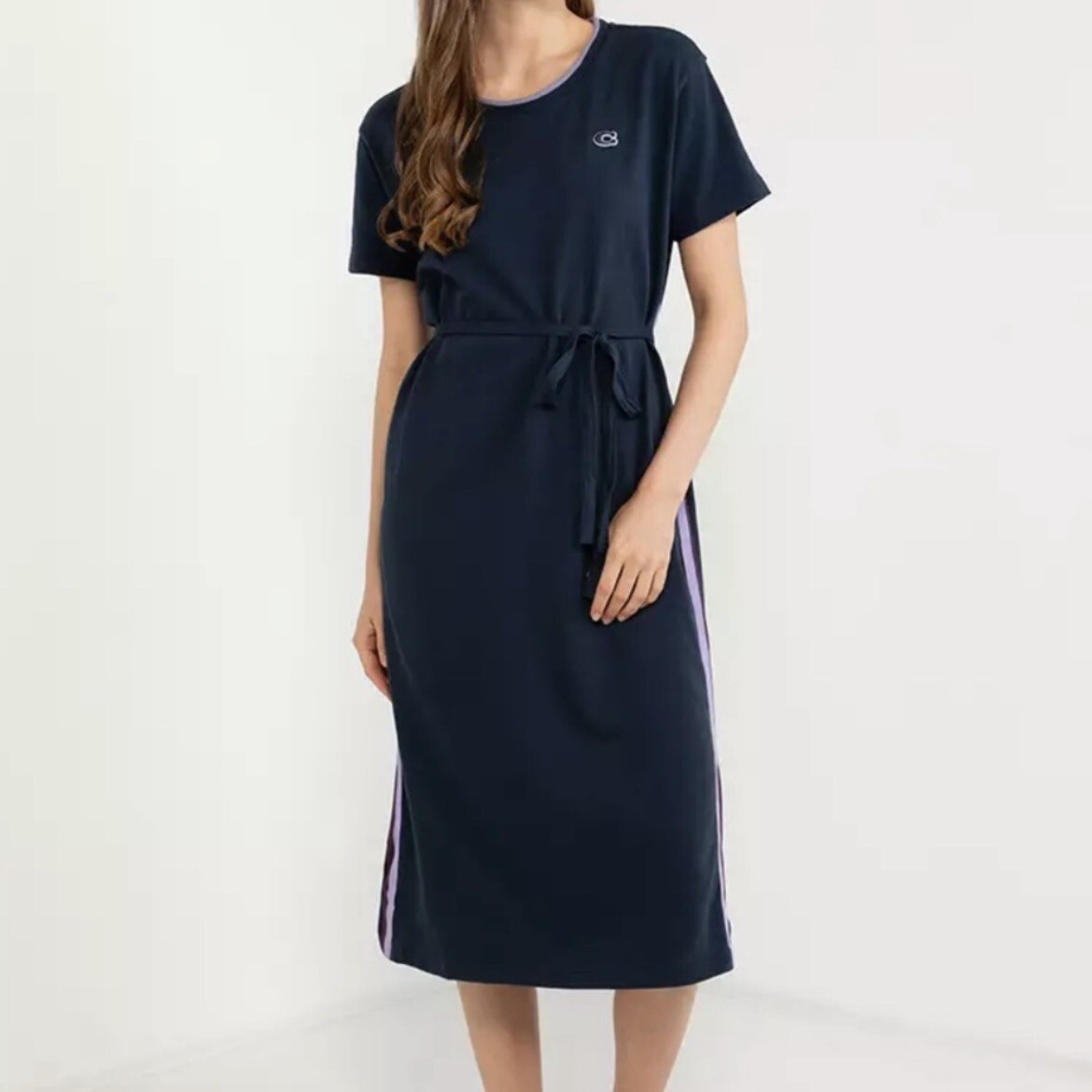 Coach Logo T-Shirt Midi Dress Blue Purple Stripe Self Tie Small M2
