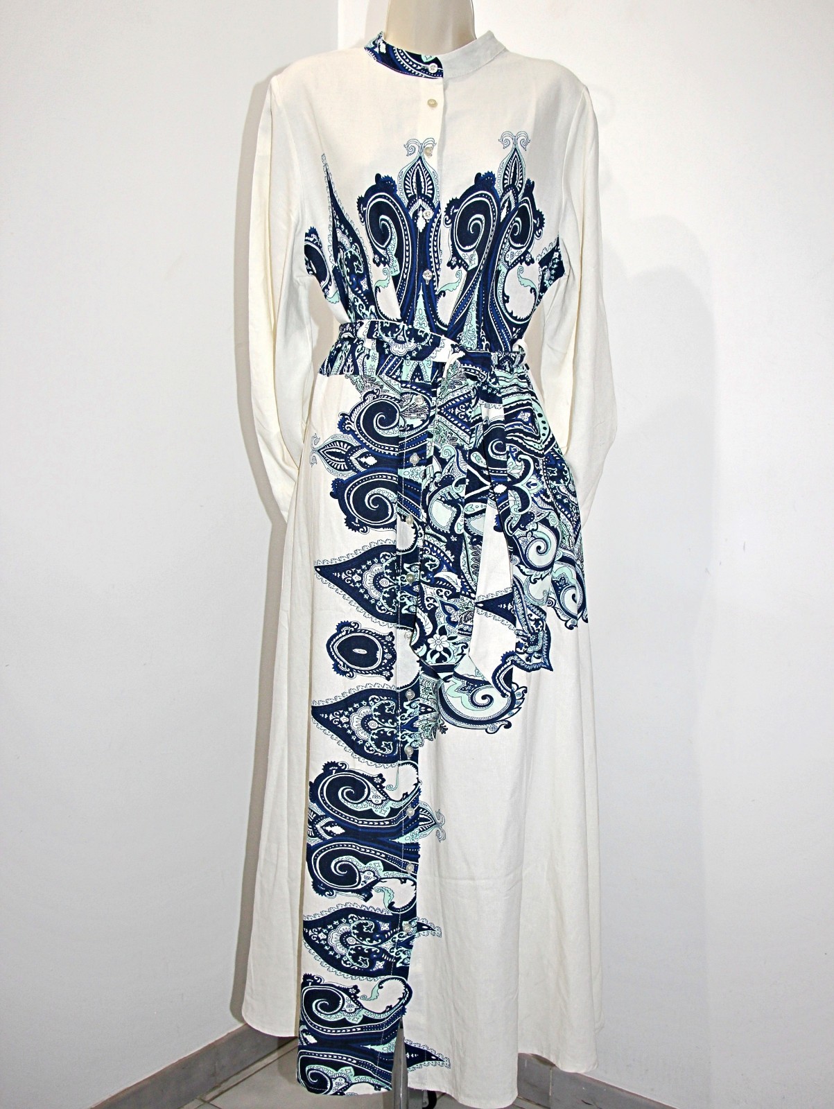 Le Ragazze Linen Blend Button Front Pockets Belted Maxi Shirt Dress sz L