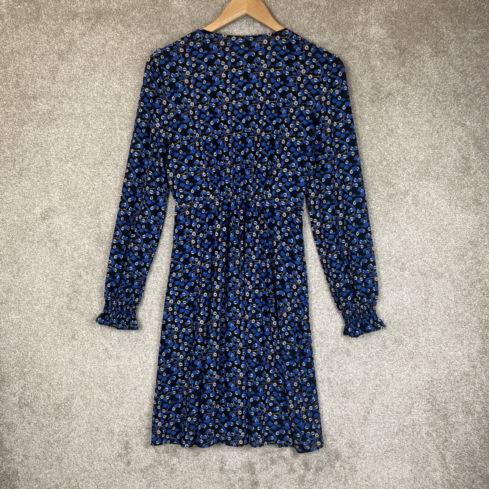 Cabi Dress Womens Small Blue Black Floral Long Sleeve Ruched Boho Fall- 3591