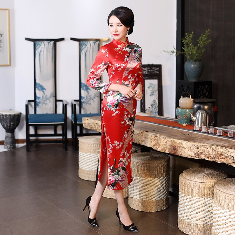 Chinese Vintage Style Cheongsam Side Slit Satin Qipao Dress Ball Gown Sexy Chic