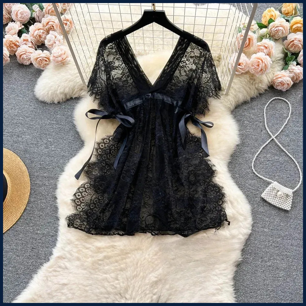 Fashion Lace Mesh Sensual Comfortable Mini Dress Women V Neck Lace-up Black