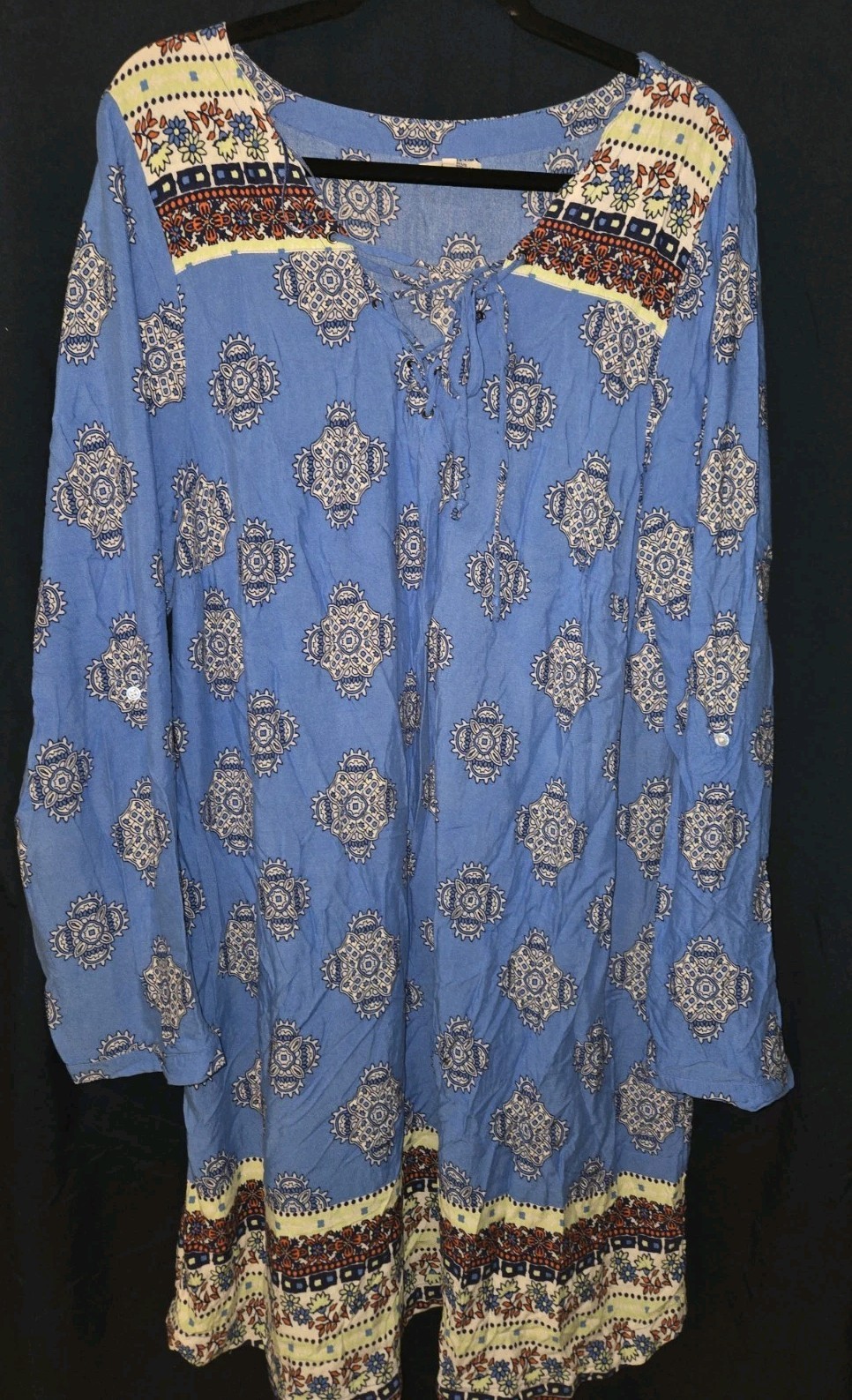 Red Camel Plus Midi Dress SZ 3X Blue Paisley Heirloom Boho Long Sleeve Dress