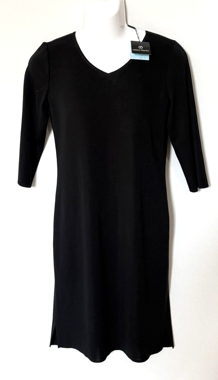 MING WANG Dress Women’s S Black V-Neck Wrinkle Resistant 3/4 Sleeve Simple Knit